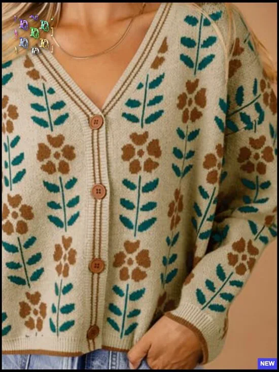 Floral Print V-Neck Cardigan Button Down Knit Sweater Loose Fit Long Sleeve - Picture 4 of 7